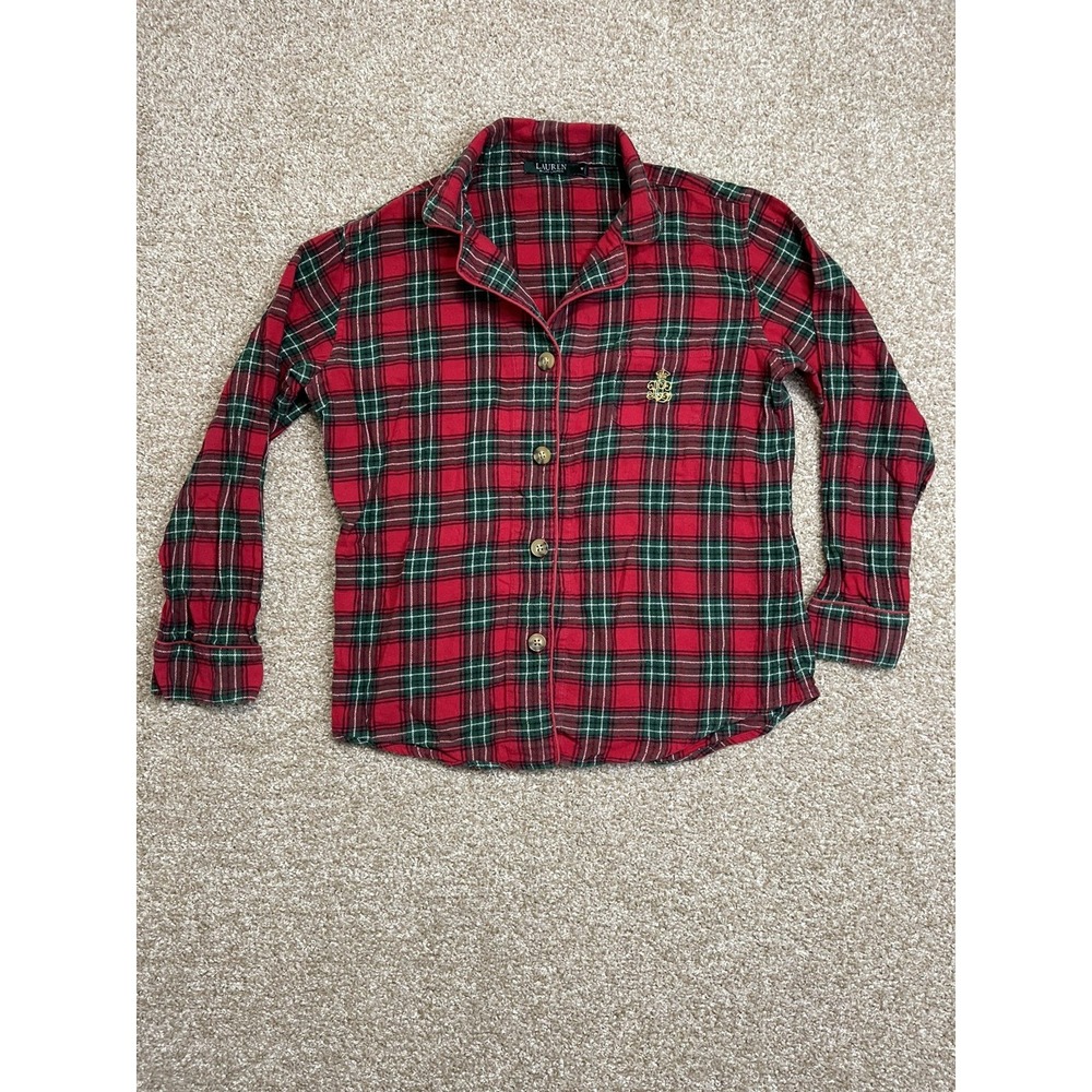 Lauren Ralph Lauren Sleepshirt Womens Medium Plaid Flannel Button Up Embroidered